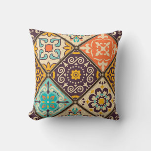 Colourful Patchwork: Majolica Tile Design Throw Pillow
