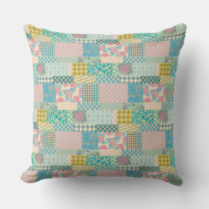Colourful Patchwork Pattern Flowers Plaid Stripe Throw Pillow