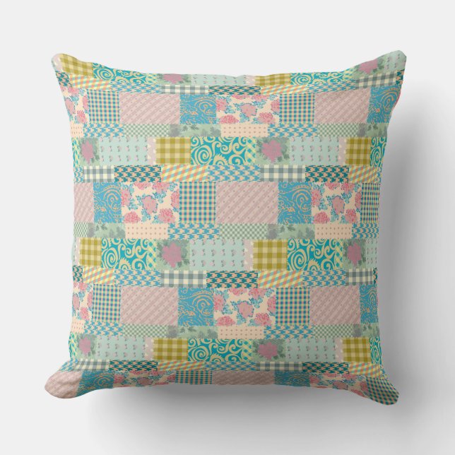Colourful Patchwork Pattern Flowers Plaid Stripe   Throw Pillow (Front)