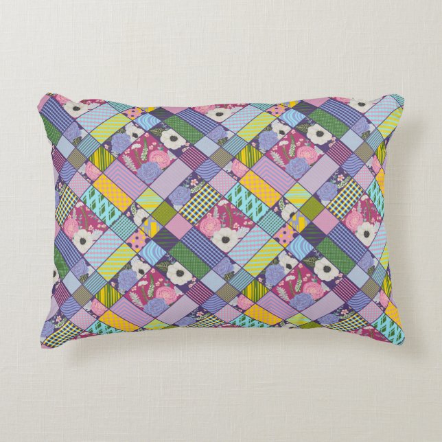 Colourful Patchwork Pattern Geometric Flowers Dots Accent Pillow (Front)