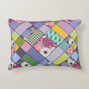 Colourful Patchwork Pattern Geometric Flowers Dots Accent Pillow