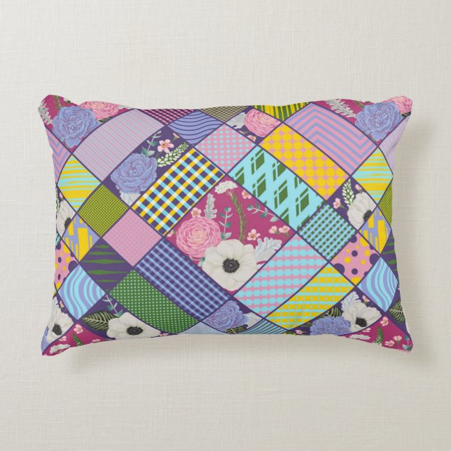 Colourful Patchwork Pattern Geometric Flowers Dots Accent Pillow (Front)