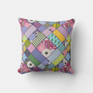 Colourful Patchwork Pattern Geometric Flowers Dots Throw Pillow