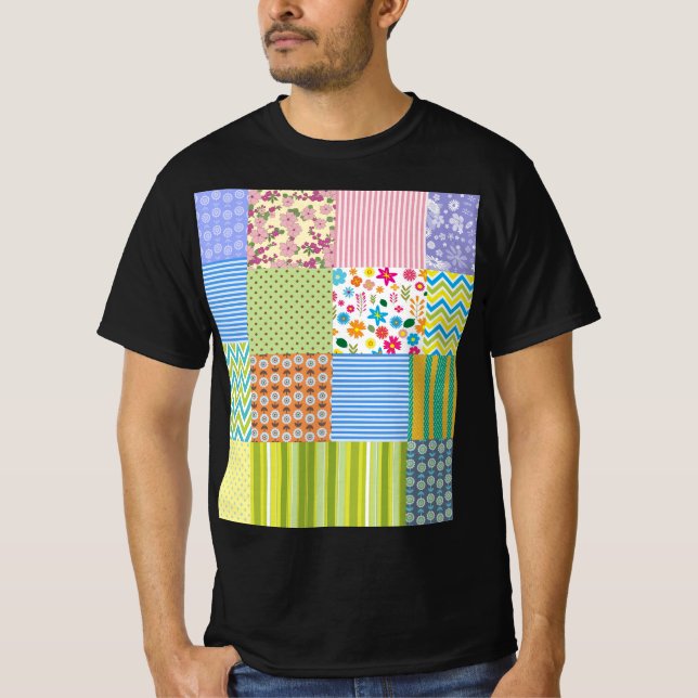 Colourful Patchwork Pattern Graphic T-Shirt (Front)