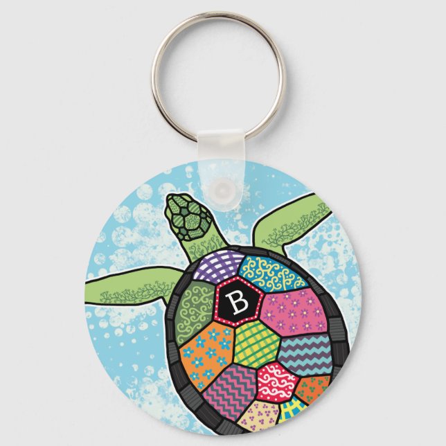 Colourful Patchwork Pattern Monogram Sea Turtle Keychain (Front)