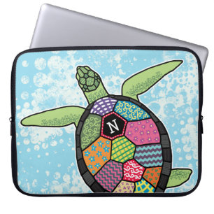 Colourful Patchwork Pattern Monogram Sea Turtle Laptop Sleeve