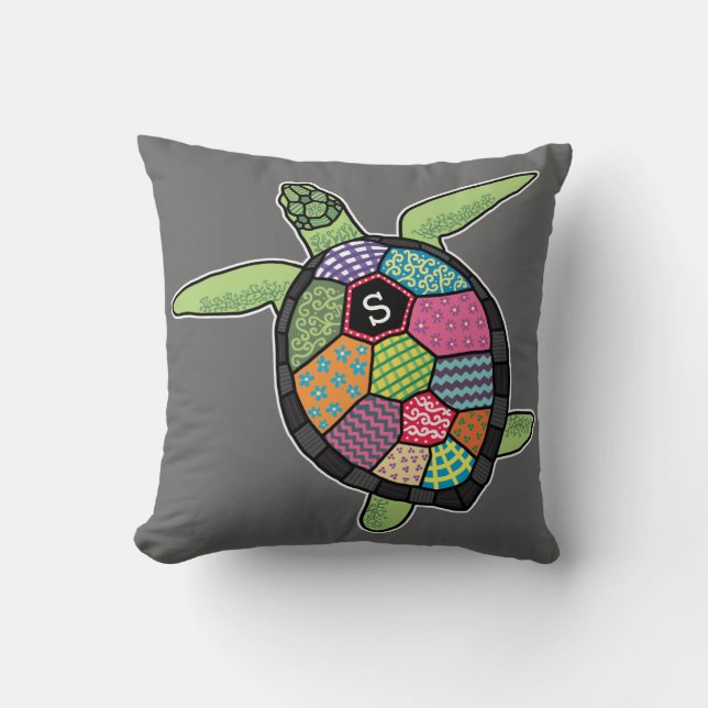 Colourful Patchwork Pattern Monogram Sea Turtle Throw Pillow (Front)