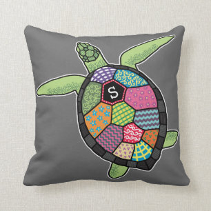 Colourful Patchwork Pattern Monogram Sea Turtle Throw Pillow