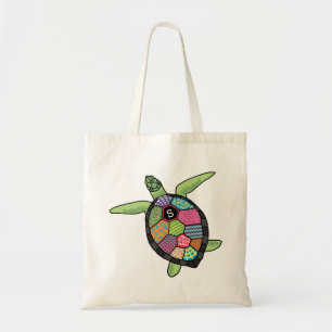 Colourful Patchwork Pattern Monogram Sea Turtle Tote Bag