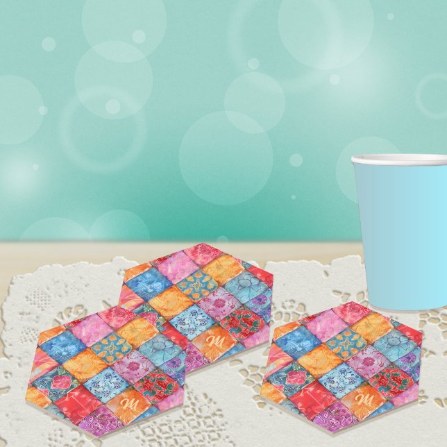Colourful Patchwork Print Monogram Paper Coaster (Creator Uploaded)