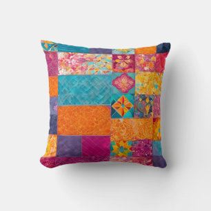 Colourful Patchwork Quilt Art Square Throw Pillow