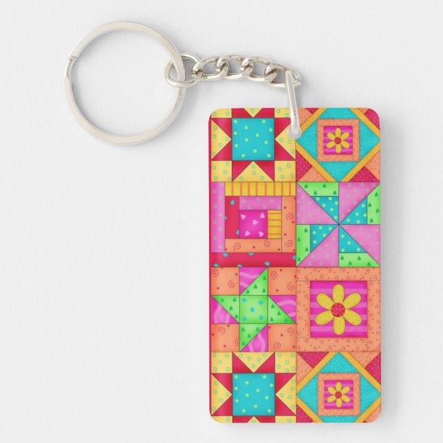 Colourful Patchwork Quilt Blocks Art Keychain (Front)