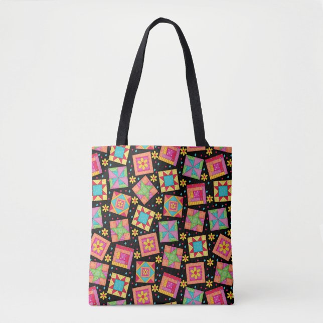 Colourful Patchwork Quilt Blocks Black Tote Bag (Front)