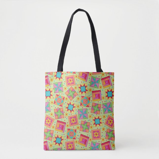 Colourful Patchwork Quilt Blocks Green Tote Bag (Front)
