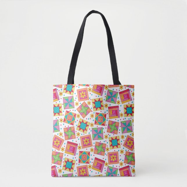 Colourful Patchwork Quilt Blocks White Tote Bag (Front)