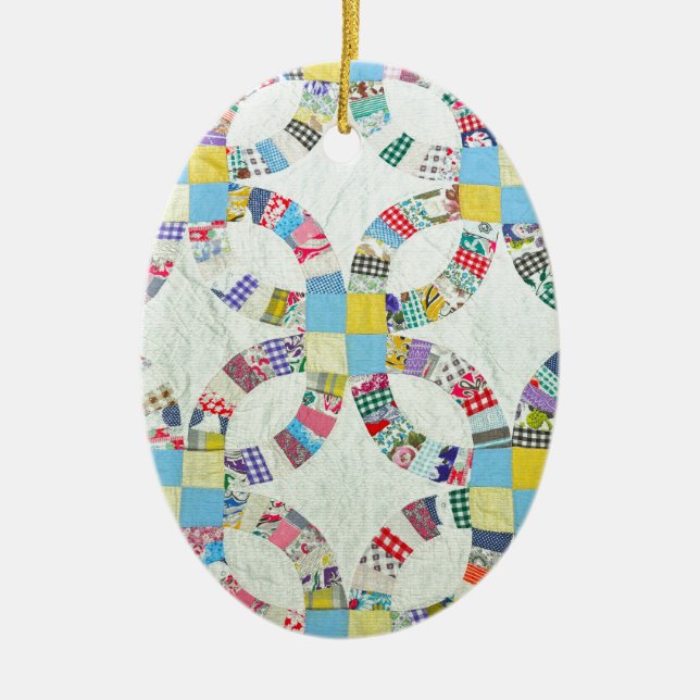 Colourful patchwork quilt ceramic ornament (Front)