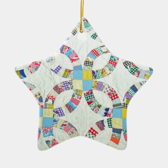 Colourful patchwork quilt ceramic ornament (Front)
