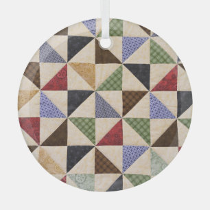 Colourful Patchwork Quilt: Flower Texture. Glass Ornament