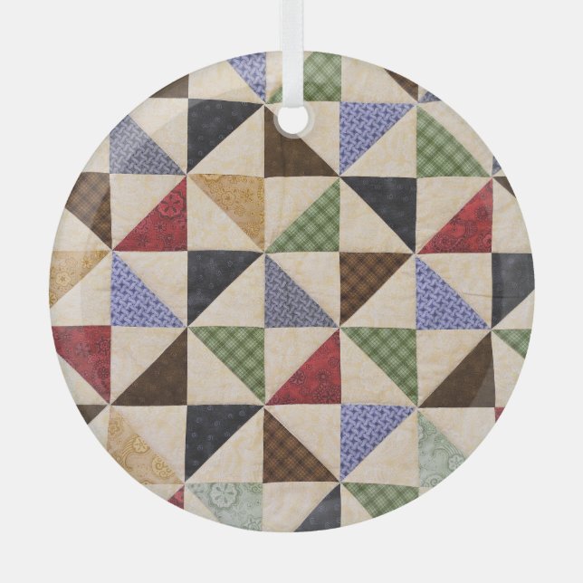 Colourful Patchwork Quilt: Flower Texture. Glass Ornament (Front)