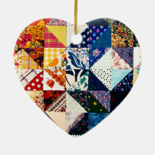 Colourful Patchwork Quilt Heart Ceramic Ornament