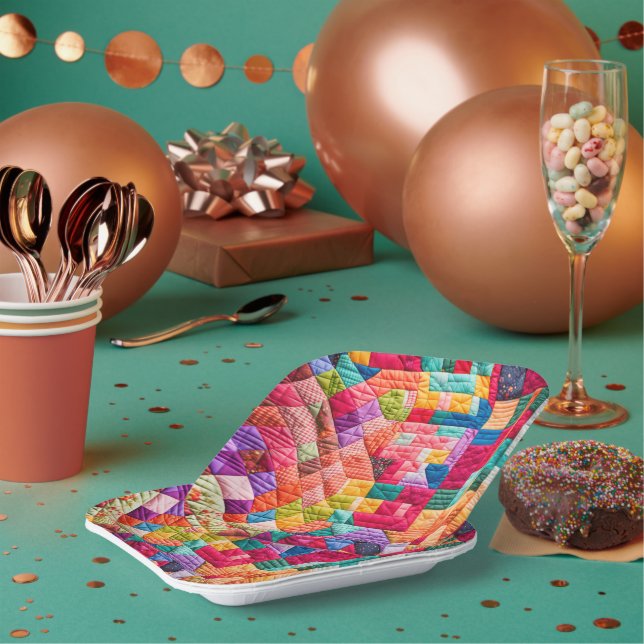 Colourful Patchwork Quilt Pattern Paper Plate (Multi)