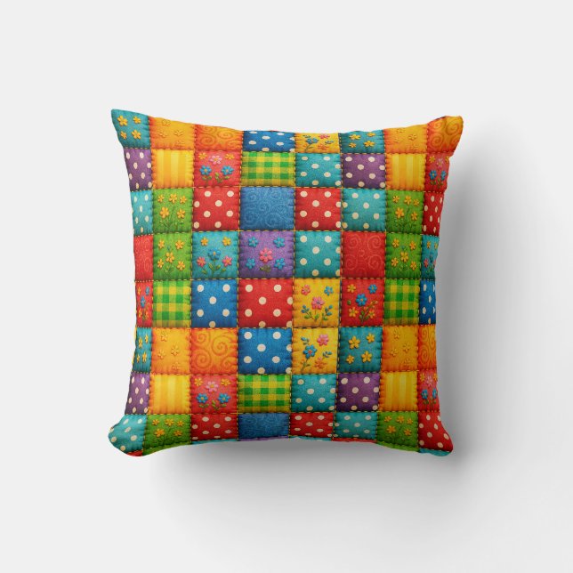 Colourful Patchwork Quilt Pattern Throw Pillow (Front)