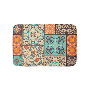Colourful Patchwork Tile: Islamic Majolica Motifs Bath Mat