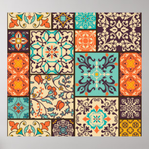 Colourful Patchwork Tile: Islamic Majolica Motifs Poster