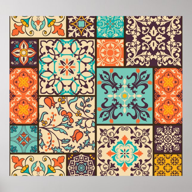 Colourful Patchwork Tile: Islamic Majolica Motifs Poster (Front)