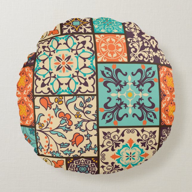 Colourful Patchwork Tile: Islamic Majolica Motifs Round Pillow (Front)