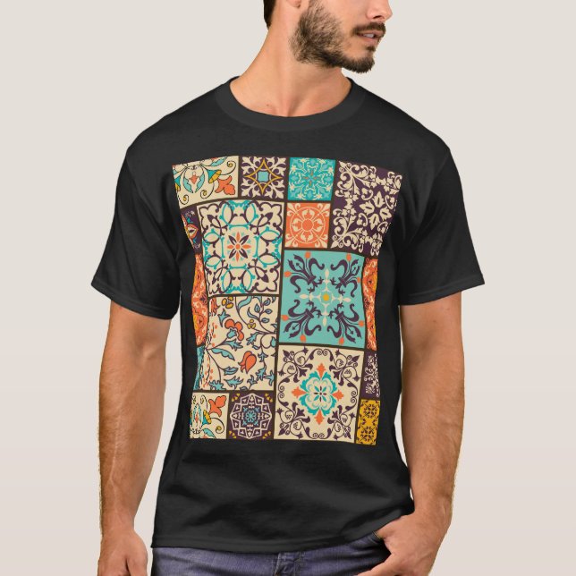 Colourful Patchwork Tile: Islamic Majolica Motifs T-Shirt (Front)