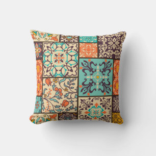 Colourful Patchwork Tile: Islamic Majolica Motifs Throw Pillow