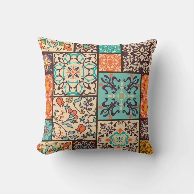 Colourful Patchwork Tile: Islamic Majolica Motifs Throw Pillow (Front)