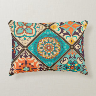Colourful patchwork tile: Islamic motifs. Accent Pillow