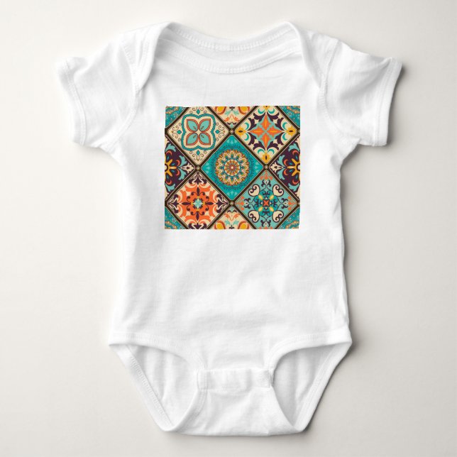 Colourful patchwork tile: Islamic motifs. Baby Bodysuit (Front)