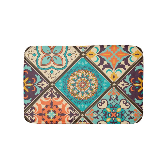 Colourful patchwork tile: Islamic motifs. Bath Mat (Front)
