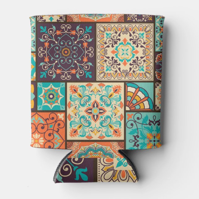 Colourful patchwork tile: Islamic motifs. Can Cooler (Front)