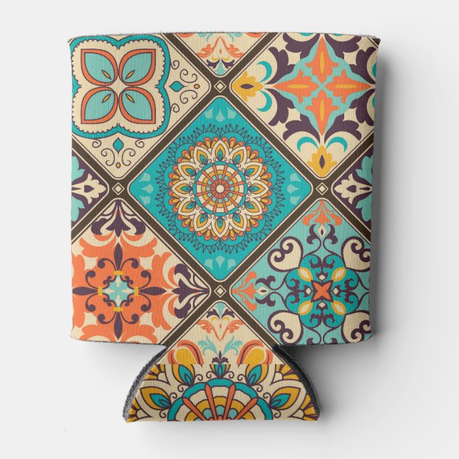 Colourful patchwork tile: Islamic motifs. Can Cooler (Front)