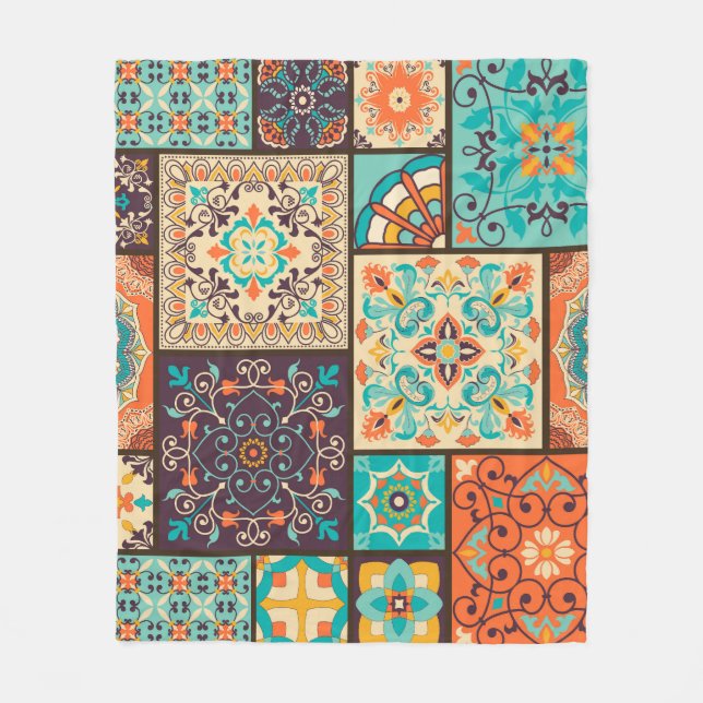 Colourful patchwork tile: Islamic motifs. Fleece Blanket (Front)