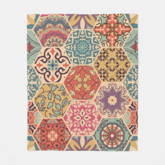 Colourful Patchwork Tile Islamic Motifs Fleece Blanket