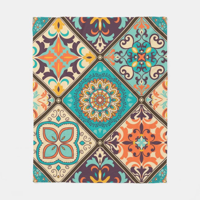 Colourful patchwork tile: Islamic motifs. Fleece Blanket (Front)