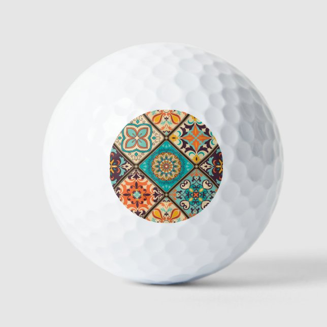 Colourful patchwork tile: Islamic motifs. Golf Balls (Front)