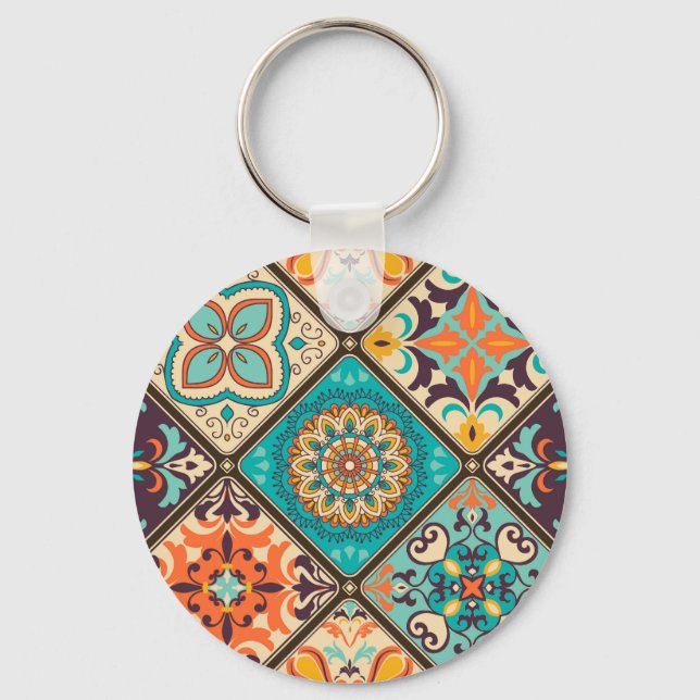 Colourful patchwork tile: Islamic motifs. Keychain (Front)