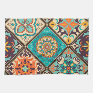 Colourful patchwork tile: Islamic motifs. Kitchen Towel
