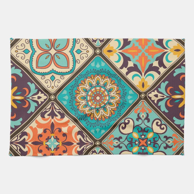 Colourful patchwork tile: Islamic motifs. Kitchen Towel (Horizontal)
