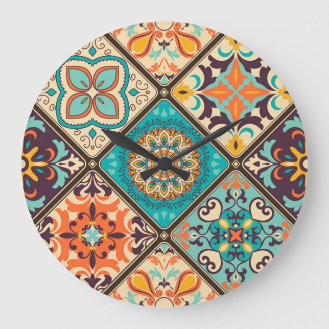 Colourful patchwork tile: Islamic motifs. Large Clock (Front)