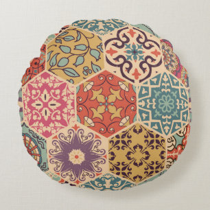 Colourful Patchwork Tile Islamic Motifs Round Pillow