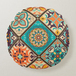 Colourful patchwork tile: Islamic motifs. Round Pillow