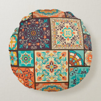 Colourful patchwork tile: Islamic motifs. Round Pillow