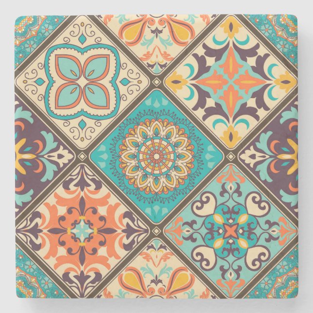 Colourful patchwork tile: Islamic motifs. Stone Coaster (Front)